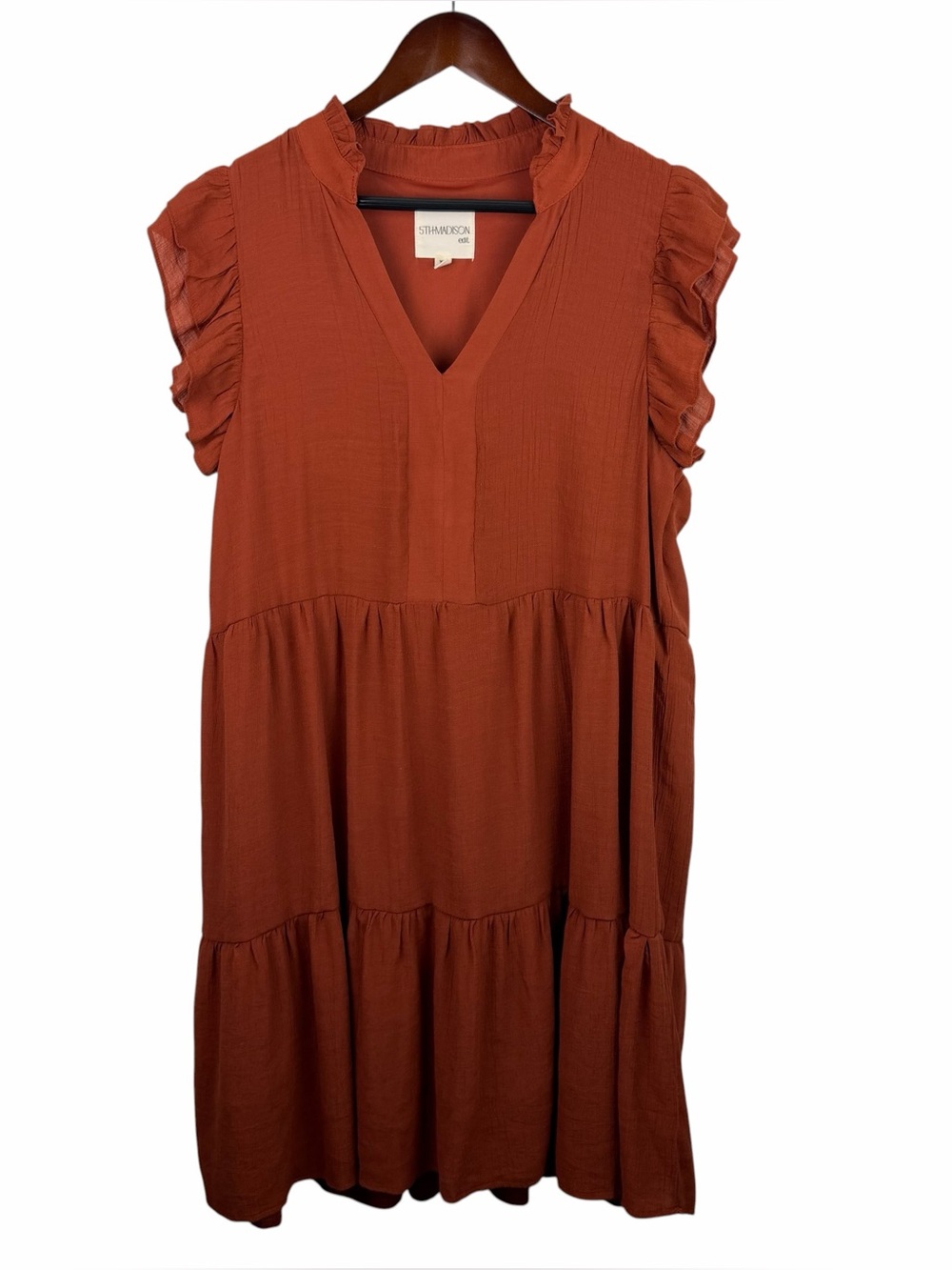 5th Madison | Rust Brown Ruffle Sleeve Tiered Dress